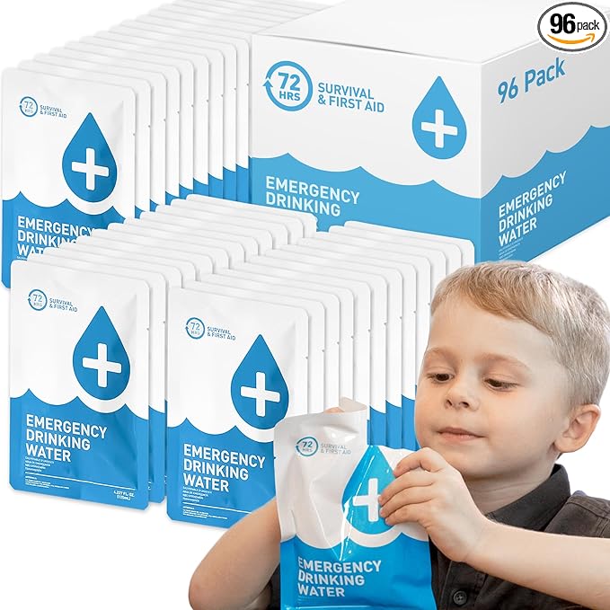 72 HRS Emergency Water Pouches - Survival Water Packets, Emergency Rations, Long Shelf Life, Survival kit (Pack of 96)