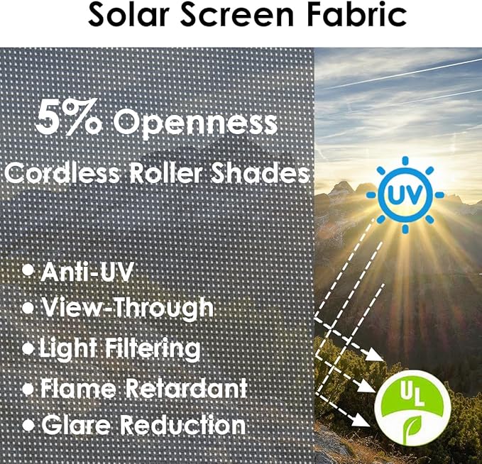 Cordless Roller Shades for Windows,Light Filtering Pull Down Blinds,Solar Screen Door Blinds,Flame Retardant UV Protection Fabric for Home Office (54" W x 72" H,Solar Grey)