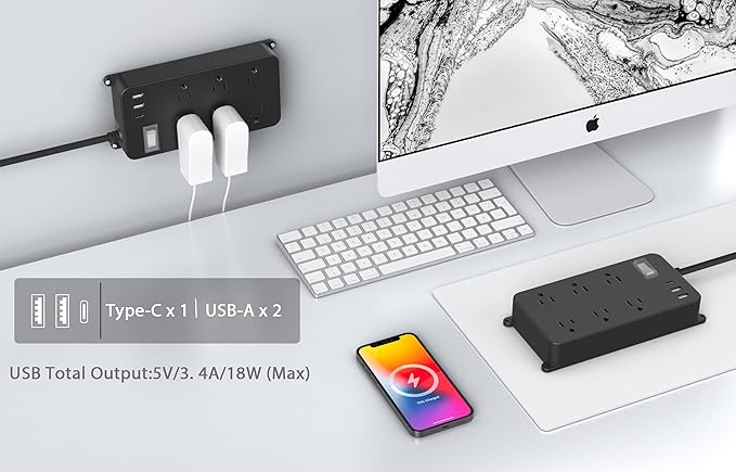 Outdoor Surge Protector Weatherproof,Mountable Power Strip with USB C,IPX6 Waterproof Extension Cord Multiple Outlet for Patio Accessories,6 Outlets and 3 USB Ports,25ft Cable,Flat Plug(2000 Joules)