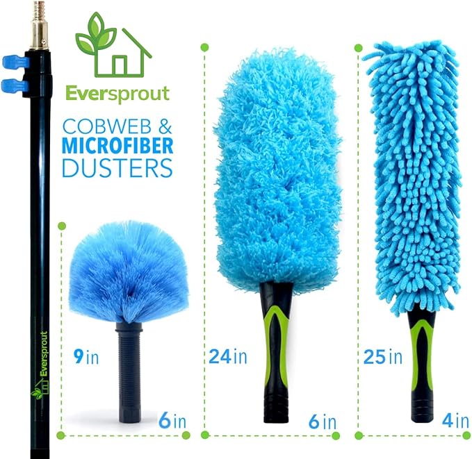 EVERSPROUT 5-to-12 Foot Duster 3-Pack with Extension-Pole (20+ Foot Reach) | Hand-packaged Cobweb Duster, Microfiber Feather Duster, Flexible Microfiber Ceiling & Fan Duster | Aluminum Telescopic Pole