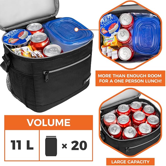 opux Extra Large Insulated Lunch Box Men Women, Lunch Bag for Work, Leakproof Soft Cooler Tote Adult, Lunch Pail, Picnic Beach Collapsible Food Bag with Shoulder Strap, Black
