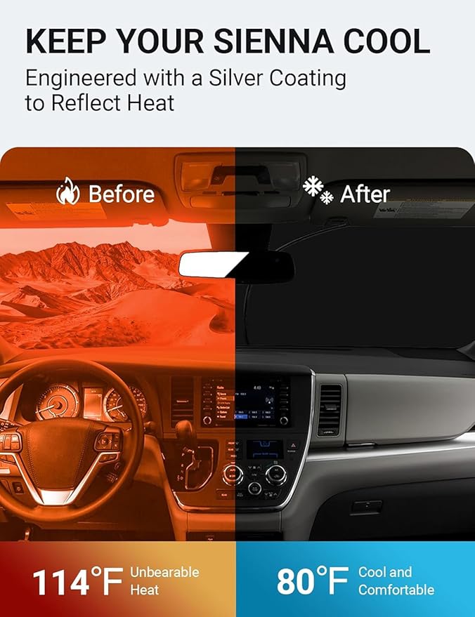 Proadsy Front Windshield Sun Shade Foldable Sunshade Protector Sun Visor Custom Fit 2011-2020 Sienna L LE SE XLE Limited Van Accessories 2025 Upgrade