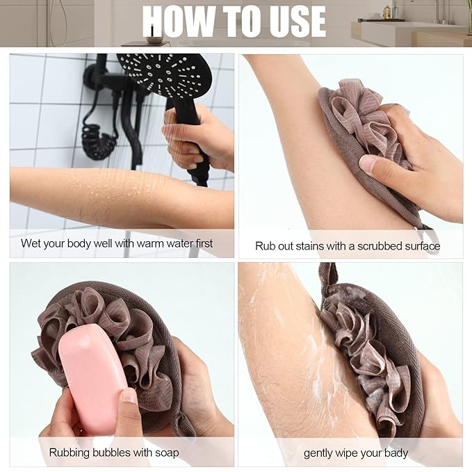 12 Pieces Shower Puff Bath Travel Loofah with Elastic Hand Strap Exfoliating Shower Gift Bulk Washable Loofah Mesh Sponges Bath Flower Ball Pad Body Scrubber for Men and Women
