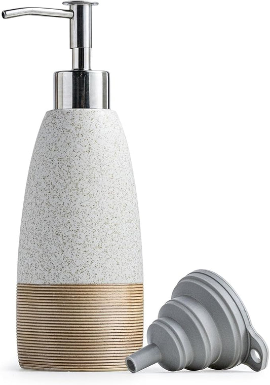 12oz Dish Soap Dispenser with Plastic Pump & Stainless Steel Pump for Hand Soap, Shampoo, Lotion, Conditioner, Ceramic Refillable Soap Bottle with Silicone Funnel for Bathroom, Kitchen, Speckled White