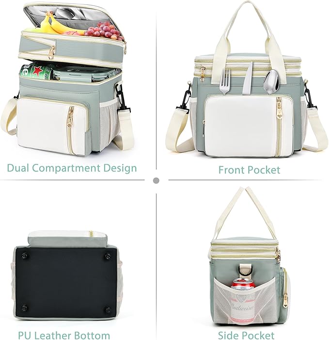 LOKASS Expandable Lunch Box for Women Men Adult Lunchbag Cooler Tote Bag with Adjustable Shoulder Strap Insulated Reusable Womens Lunch Bags for Work Camping Beach 16L, Olive Green