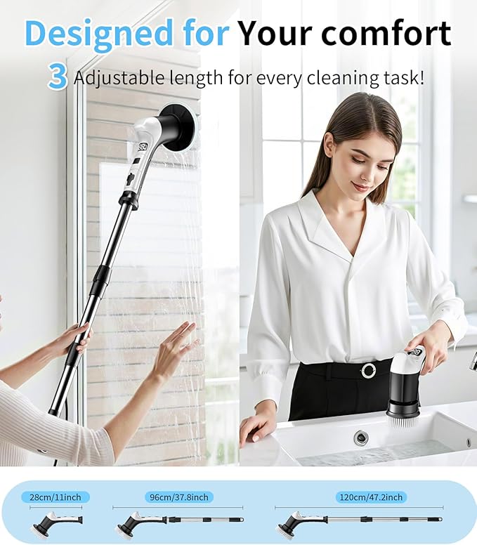 Electric Spin Scrubber with 3 Speed, Adjustable Extension Handle, 8 Brush Heads,Cordless Power Cleaning Brush for Bathroom, Tile, Kitchen-Black