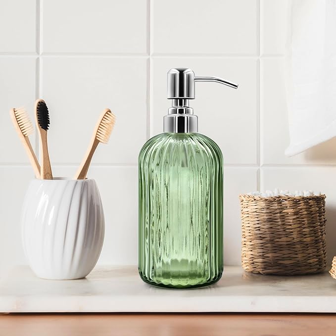 18 Oz Glass Soap Dispenser with Stainless Steel Pump, Modern Ribbed Design Refillable Liquid Soap Bottle for Bathroom, Kitchen, Hand Soap, Dish Soap, or Lotion (Light Green)