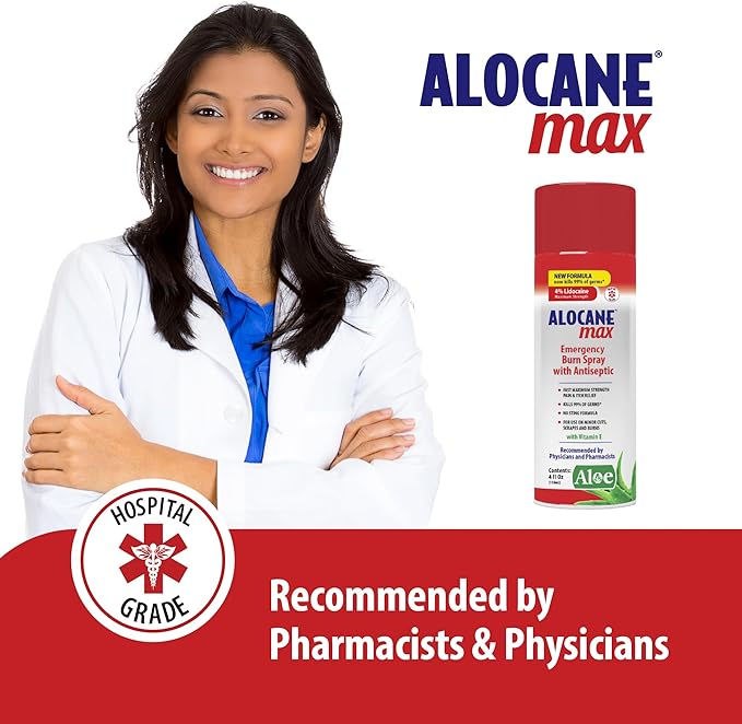 ALOCANE Emergency Burn Spray, 4% Lidocaine Max Strength Fast Pain Itch Relief for Minor Burns, Sunburn, Kitchen First Aid Treatment Burn Care, 4 Fl Oz
