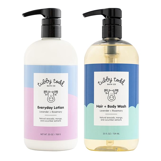 TUBBY TODD Baby Body Wash and Lotion Set - Gentle, Hypoallergenic Skincare for Newborns & Toddlers - 25oz, Lavender Rosemary