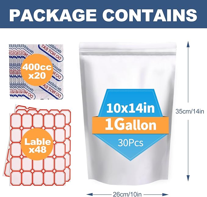 30PCS 1Gallon 10"X14" Mylar Bags for Food Storage with Oxygen Absorbers&Lables,10 Mil Thick Resealable Stand-Up Zipper&Heat Sealable Bags for Long Term Food Storage,Dried Food