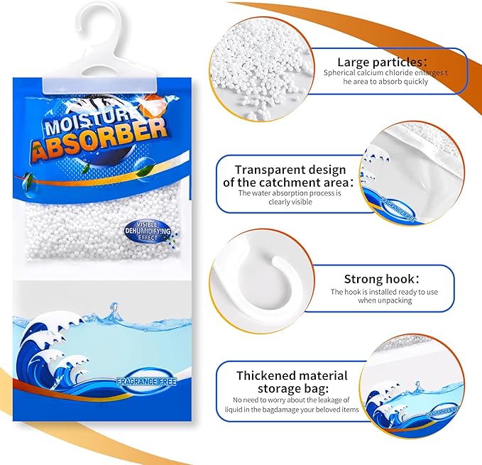 ZSZMFH 15 Pack Moisture Absorber Hanging Bags, Fragrance Free Humidity Packs, Hanging Closet Dehumidifier Bags, Moisture Absorber Packets-220g/pack.