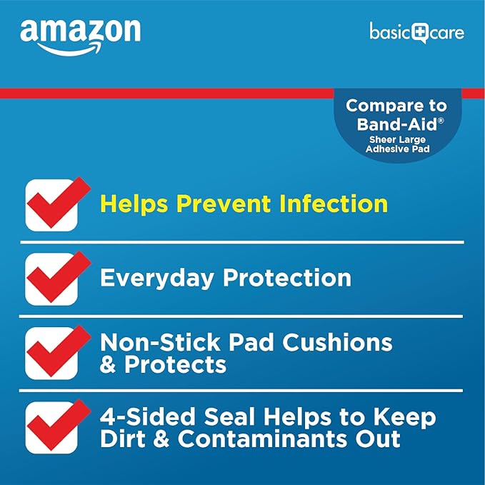 Amazon Basic Care Sheer Adhesive Pad Bandages, Extra Large Comfortable Non-Stick Pad, All Skin Types, 30 Count (3x4 inches)