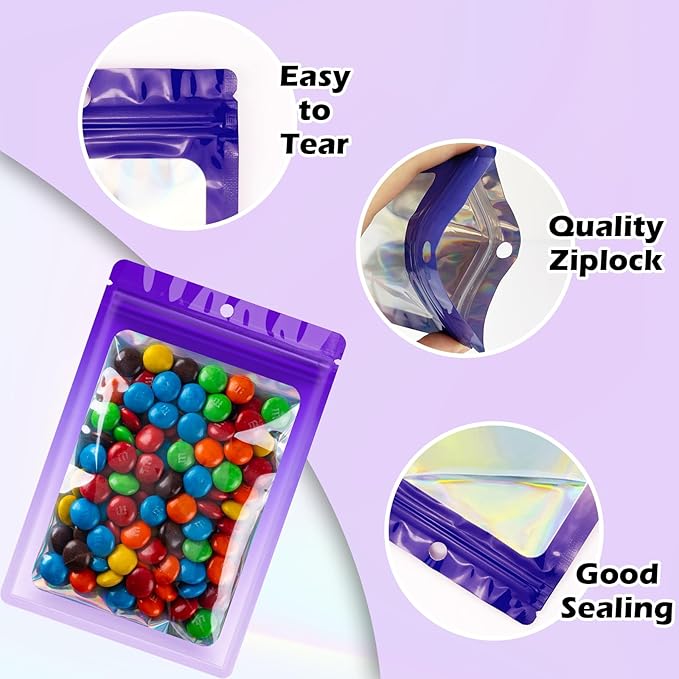 300 Pcs Holographic Mylar Bags, 3 Size Smell Proof Bags with Clear Window Foil Pouch Bags Resealable Bags for Small Business and Food Storage, Purple Pink