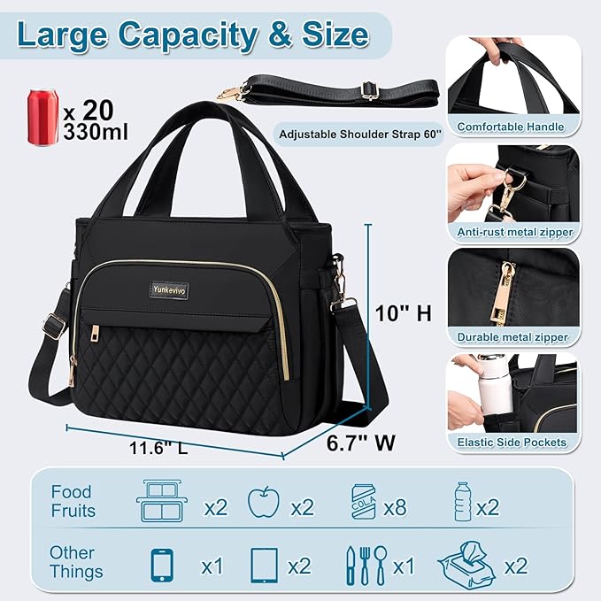 Lunch Bag Lunch Box Women - Insulated Lunch Tote Bag for Women Men, Leakproof Large Womens Lunch Bags for Work, Lunch Cooler Bag for Adult with Side Pocket for Picnic, Hiking, Beach (Black)