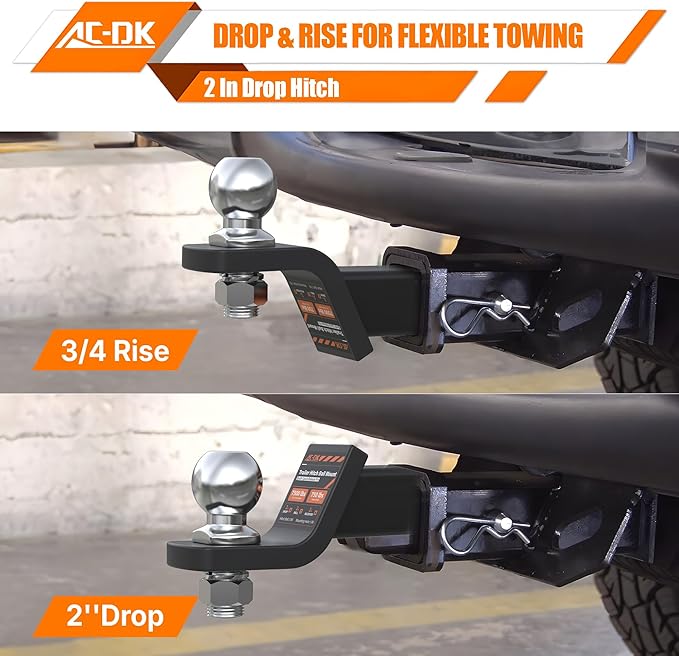 AC-DK Trailer Hitch Mount with 2-Inch Ball & Pin, Fits 2-in Receiver, 7,500 lbs Capacity Ball Hitch, 2" Drop