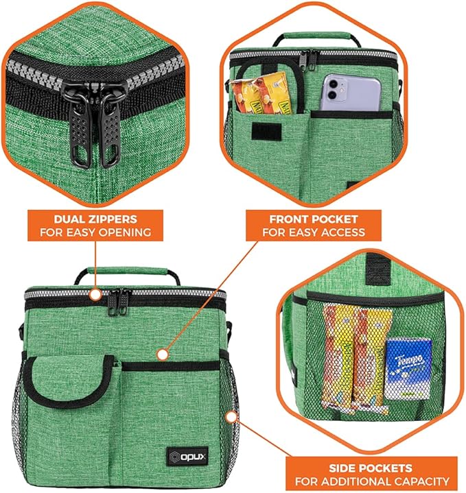 opux Insulated Lunch Bag for Men Women, Leakproof Heather Green Lunch Box for Work, Portable Soft Lunch Cooler Bag with Shoulder Strap, Adult Lunchbox Lunch Pail for Kid Boy Girl School, 18 Can/10L