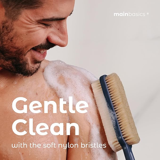 MainBasics Back Scrubber for Shower – Long Handle Dual-Sided Brush for Body Wash & Scrubbing with Exfoliating & Soft Bristles (Ultramarine, Plastic)