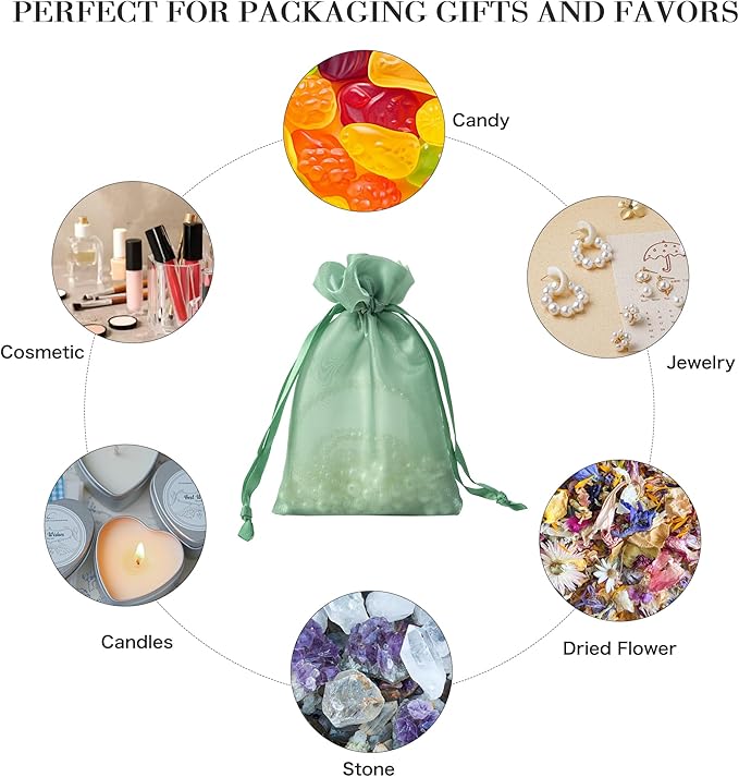 QIANF 20 Pcs Sage Green Small Organza Bags 4X6 inch for Wedding Favors with Drawstring, Mini Mesh Gift Bags Jewelry Pouch for Candy Bridal Shower Party Favor Baby Shower Christmas