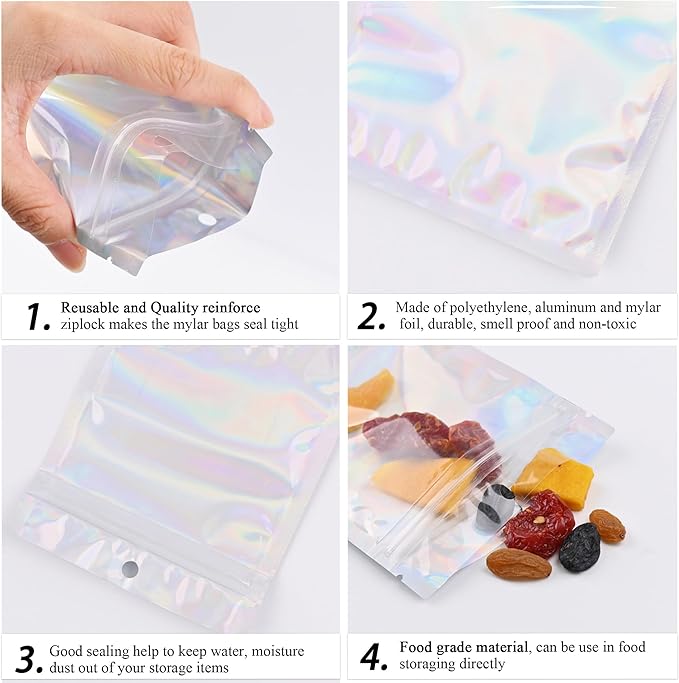 100 Pack Resealable Plastic Bags for Food Storage, Zipper Bags with Clear Front Window, Packaging Pouch for Small Business (Holographic, 3x8.8 inch)