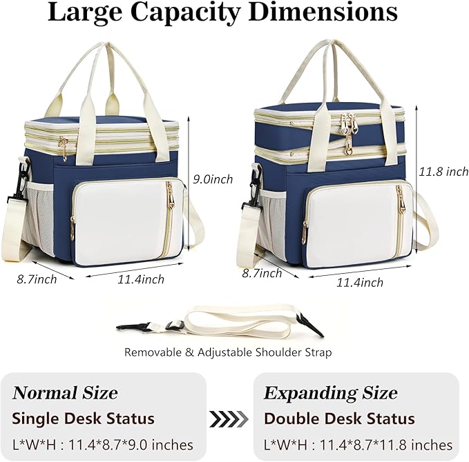 LOKASS Expandable Lunch Box for Women Men | Adult Lunchbag Cooler Tote Bag with Adjustable Shoulder Strap | Insulated Reusable Womens Lunch Bags for Work Camping Beach | 16L, Dark Blue
