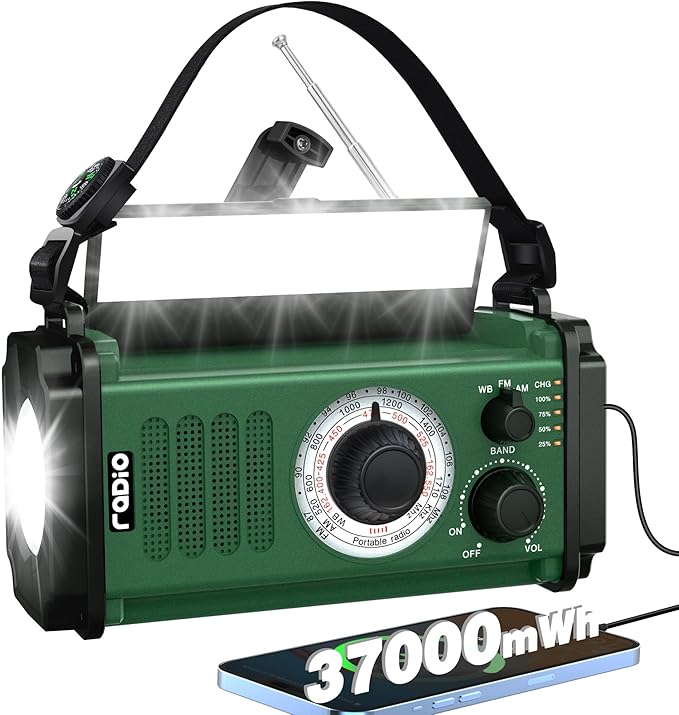 Crank Emergency Weather Radio, Solar Hand Crank Portable AM/FM/NOAA Weather Radio,Dynamo Radio,Crank Flashlight&Reading Lamp,Earphone Jack, SOS,Compass for Hurricane Storm Camping Outdoor Survival Kit