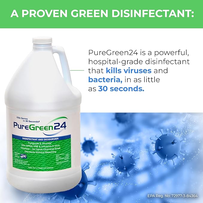 PureGreen24 Institutional pack Safe & Effective Disinfectant. Kills Deadly Germs including RSV Norovirus MRSA Staph 2025 Flu Contains No Toxic Chemicals. 2 gallons (6) 32oz sprays 10 Microfiber