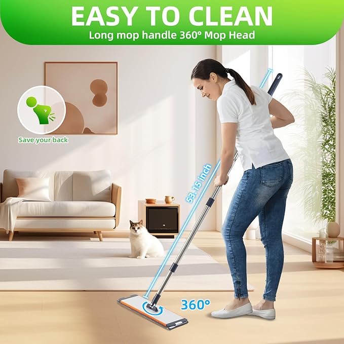 Mop and Bucket with Wringer: Hands-Free for Floors & Walls | Adjustable 360" Stainless Handle & 6 Reusable Microfiber Pads | Housewife/Parent-Friendly Design