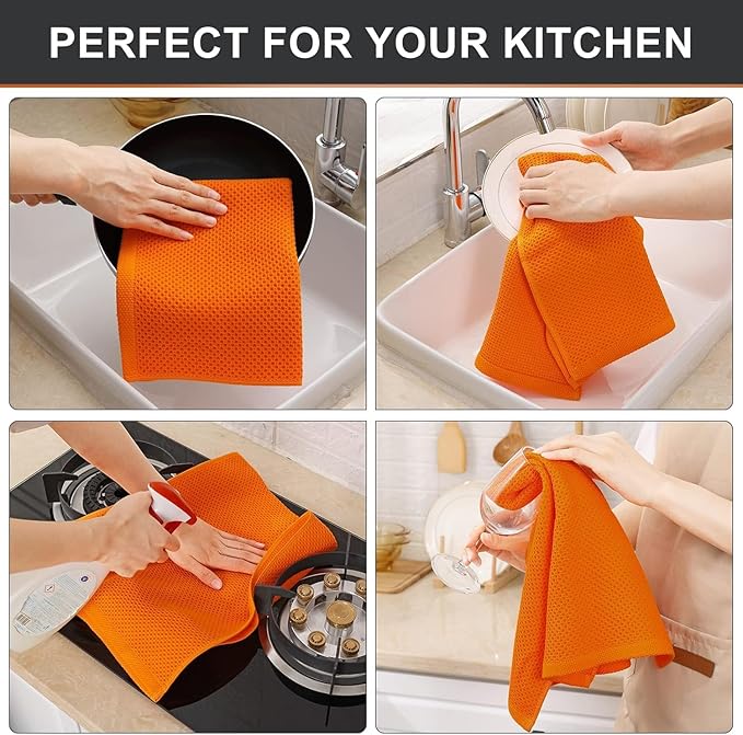 Kitinjoy 100% Cotton Waffle Weave Kitchen Towels, 4-Pack Super Soft and Absorbent Dish Towels for Drying Dishes, Kitchen Hand Towels, 13 in x 28 in, Orange