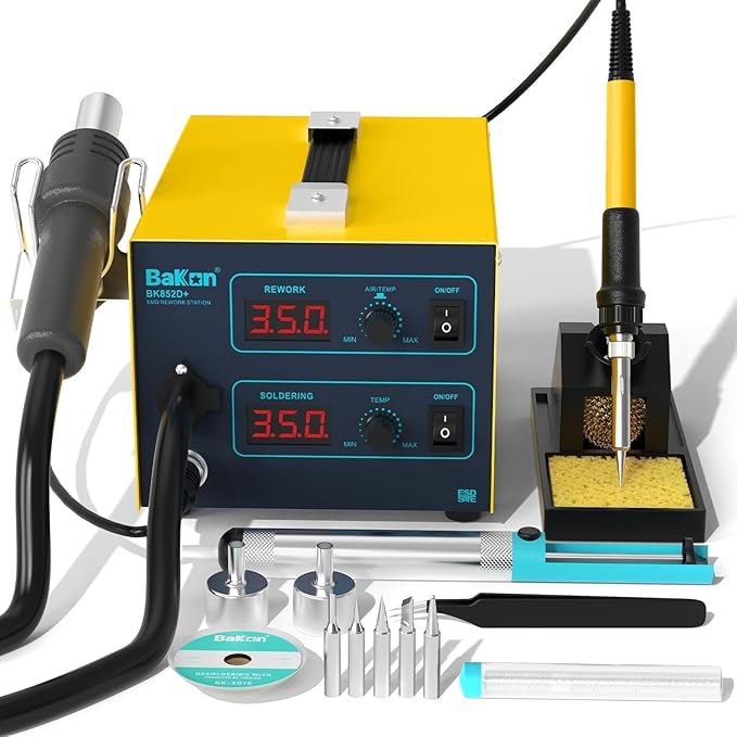 852d+ Heat Gun And Soldering Iron 2-In-1 Kit, Smd Hot Air Rework Soldering Station, Multiple Functions Electronics Kit, Led Digital Display, Knob Type Adjustable Temperature