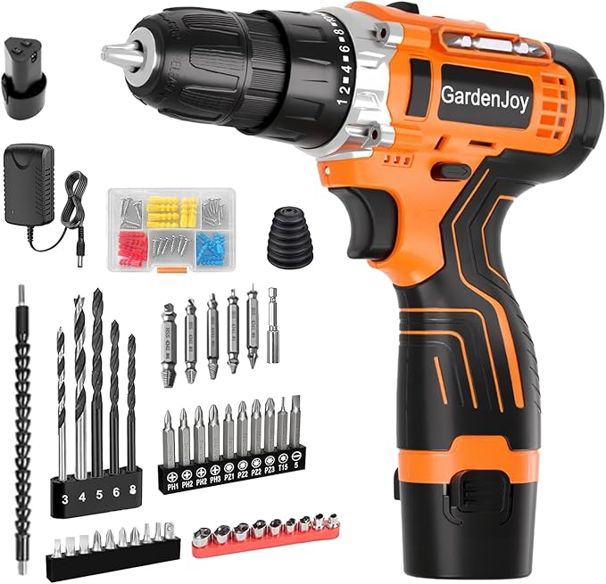 12V Orange Portable Drill Set, 2 Batteries + Fast Charger Included, 2-Speed Control, 3/8" Keyless Chuck, 24+1 Torque Settings, LED Work Light for DIY
