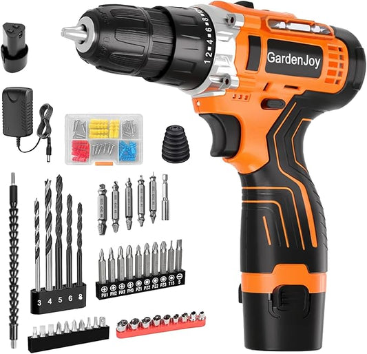 12V Orange Portable Drill Set, 2 Batteries + Fast Charger Included, 2-Speed Control, 3/8" Keyless Chuck, 24+1 Torque Settings, LED Work Light for DIY