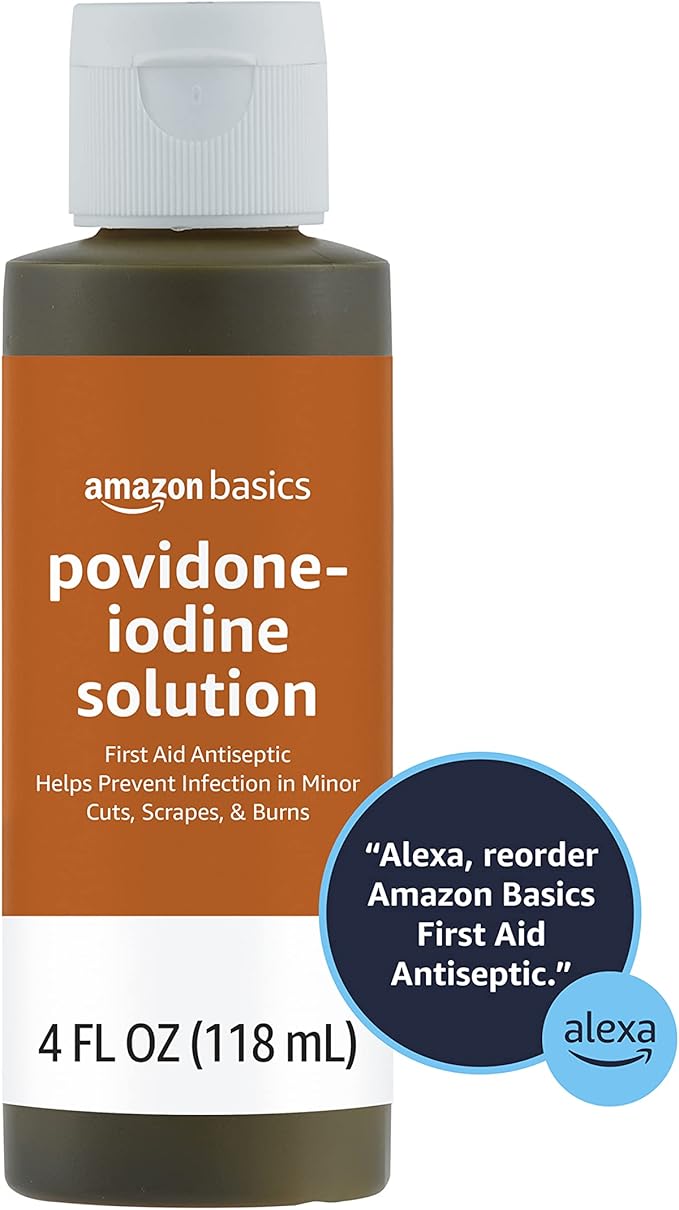 Amazon Basics First Aid Antiseptic, 10% Povidone Iodine Solution , Unflavored, 4 Fluid Ounces, 1-Pack (Previously Solimo)