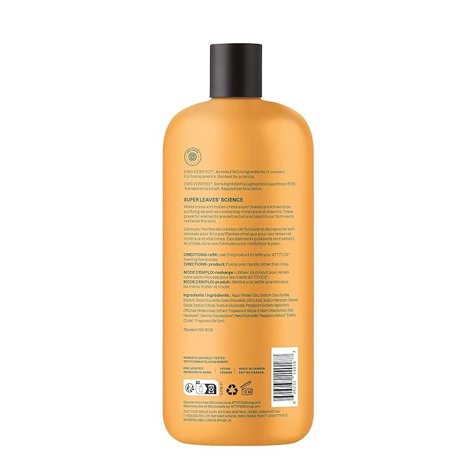 ATTITUDE Foaming Hand Soap Refill, EWG Verified, Natural & Plant-Based Hand Wash, Gentle & Moisturizing, Vegan, Orange Blossom & Eucalyptus Scent, 30 Fl Oz