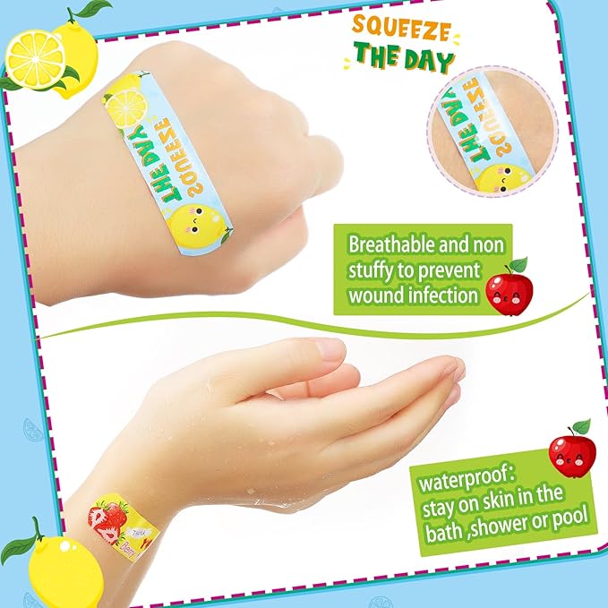 Patelai 300 Pieces Kids Bandages Bulk 10 Styles Children's Adhesive Flexible Colorful Cute Cartoon Bandages Waterproof Breathable Stickers Protection Care Cuts for Girls Boys(Fruit)