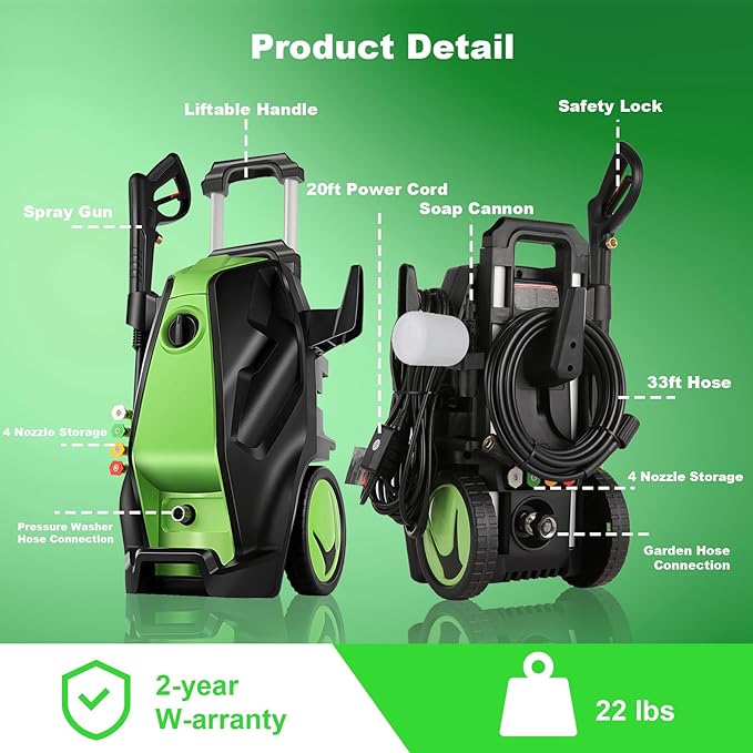 Pressure Cleaner, 5000 PSI 4.0 GPM Heavy Duty Power Cleaner with 33FT Hose, 4 Quick Connect Nozzles, Foam Cannon, Blue