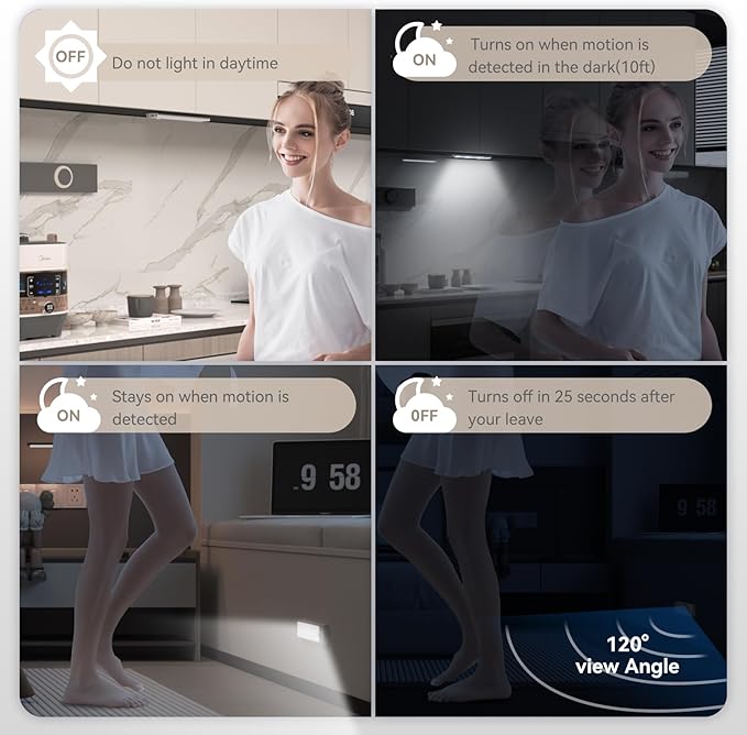 12inch Under Cabinet Lighting, LED Magnetic Motion Activated Under Cabinet Lights, Rechargeable Closet Lights 2500mAh Battery Operated, Wireless Dimmable Under Counter Lights for Kitchen 2 Pack