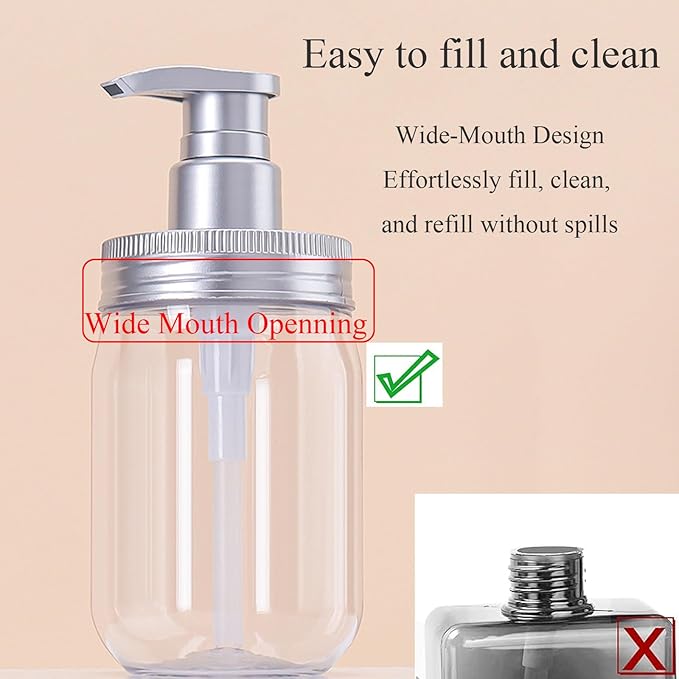 Qeuly 16oz Soap Dispenser, 2 Pack Plastic Pump Bottle Dispenser, Refillable Wide Mouth Jar Style Bathroom/Kitchen Containers for Shampoo, Conditioner, Body Wash, Lotion, Hand Soap & Dish Soap