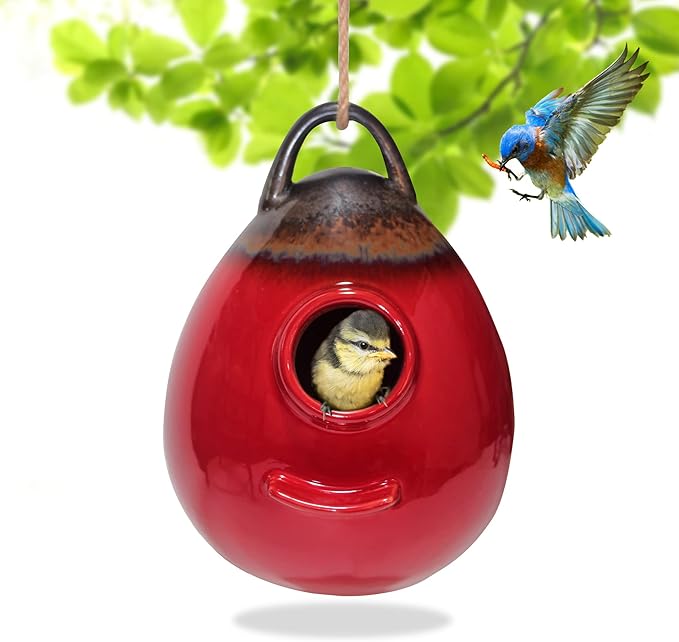 Kimdio Birdhouse Ceramic Hanging Birdhouses Bird Hut Hanging Outdoor Birdhouse for Wild Birds, Finch, Cardinal, and Bluebird - Red
