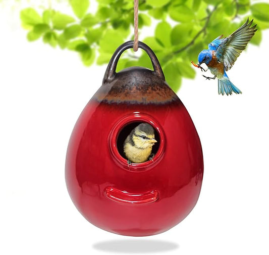 Kimdio Birdhouse Ceramic Hanging Birdhouses Bird Hut Hanging Outdoor Birdhouse for Wild Birds, Finch, Cardinal, and Bluebird - Red