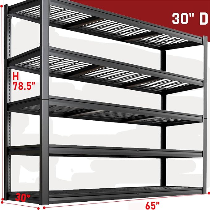 65" W Garage Shelving Heavy Duty, 5 Tier Garage Shelves, 30" D Adjustable Storage Shelving Unit, Commercial Metal Shelf for Kitchen, Warehouse, Pantry, School, Shop, 68" Wx30 Dx79 H