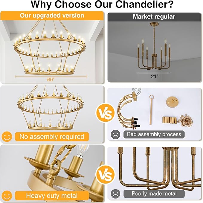 Wagon Wheel Chandelier, 2-Tier 54-Light Gold Extra Large Modern Rustic Farmhouse Chandelier Adjustable Height Light for High Ceiling Living Room, Entryways, Foyer, Dining Room