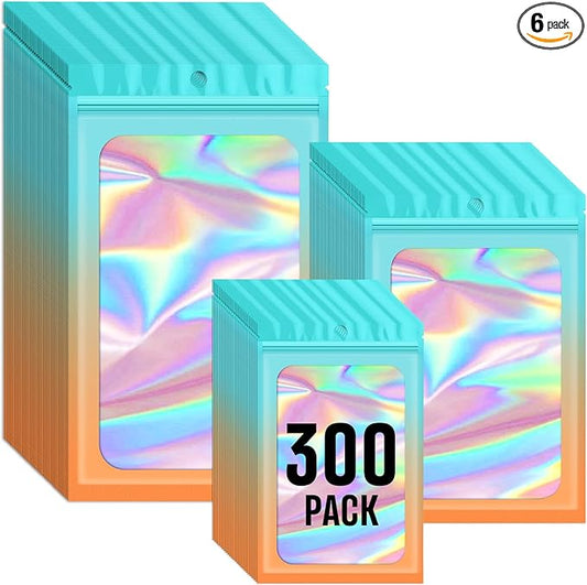 Funfery 300 Pack 3 Size Mylar Holographic Bags with Clear Window,Resealable Bag Smell Proof Foil Baggies Packaging Pouch for Food Storage,Sample,Small Business(Blue Orange,3x4.7,4x6,4.7x7.9in)