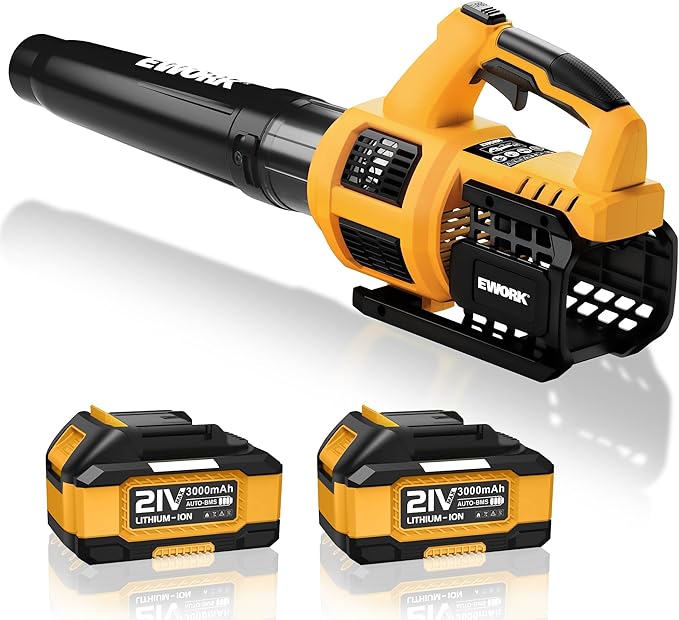 EWORK 21V Cordless Leaf Blower, Powerful Turbo Mode & 550 CFM, 2×3.0Ah Batteries & Fast Charger, Lightweight Electric Leaf Blowers for Lawn Care, Patio, Leaves & Dust