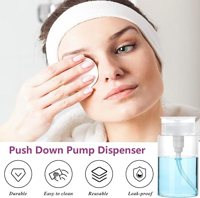 Push Down Pump Dispenser, 6.8oz Clear Pump Bottles with Alcohol, Acetone, Nail Polish Remover, Makeup Remover, Toner Stickers Empty Push Top Container for Liquid (200ml-2Pack)