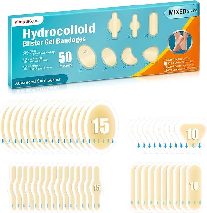 50ct Blister Bandages for Feet Hydrocolloid Bandages Waterproof Blister Cushion for Feet Toes Heels Blister Pads for Prevention Variety Pack