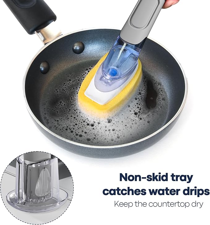 Dish Brush with Soap Dispenser Storage Set with 2 PCS Sponge Refills & Holder, Soap Dispensing Dish Brushes, Sponge with Soap Dispenser Handle, Dish Sponges with Handle for Dishes Pans Pots Sink(Gray)