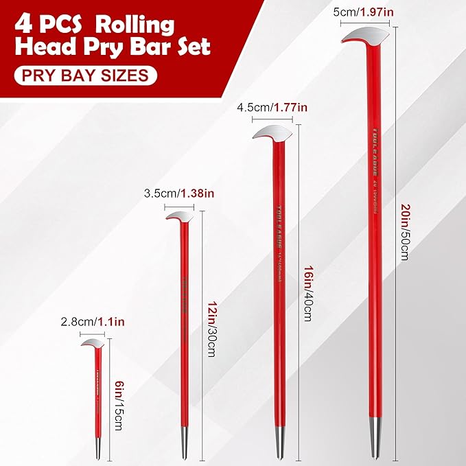 TOOLEAGUE 4Pcs Rolling Head Pry Bar Set,6",12",16",20" Heavy Duty Pry Bars Hand Tool for Garages,Machinery Aligning & Prying, Red
