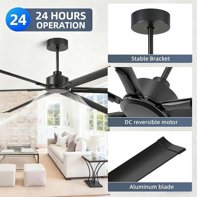 108 Inch Large Industrial Ceiling Fans, HVLS Commercial Fan with DC Reversible Motor, 6 Black Aluminum Heavy Duty Blades, 6-Speed, Timer, 10/20/40 Inch Downrods, for Shop/Barn/Garage (108 inch)
