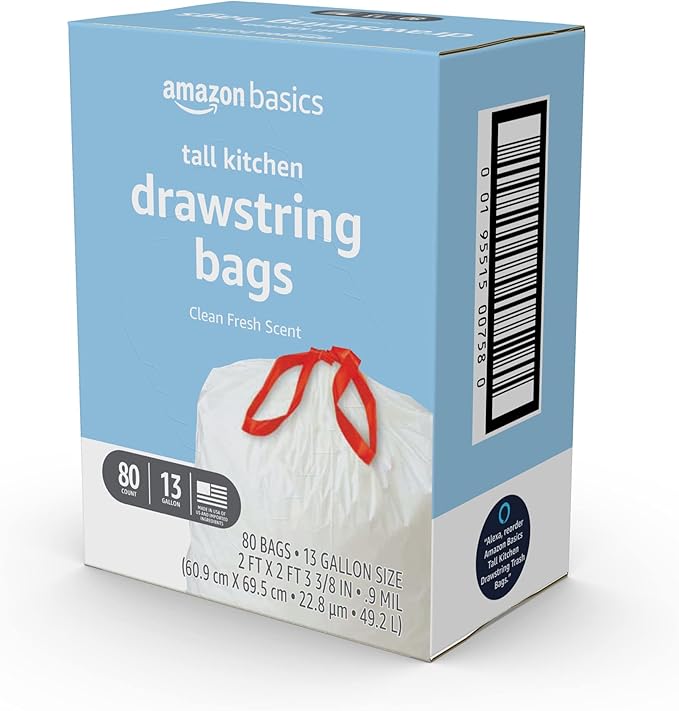 Amazon Basics Tall Kitchen Drawstring Trash Bags, Clean Fresh Scent, 13 Gallon, 80 Count (Previously Solimo)