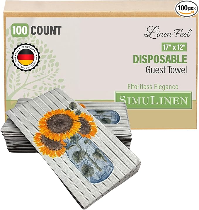 SimuLinen Decorative Sunflower Disposable Bathroom Guest Towels - Cloth-Like, Single-Use, Linen Feel Paper Towels, 12x17", 100ct (Made in Germany)